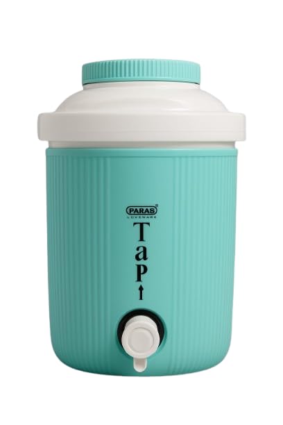 Image of Water Dispenser, Turquoise Plastic Container with Tap, Ribbed Design