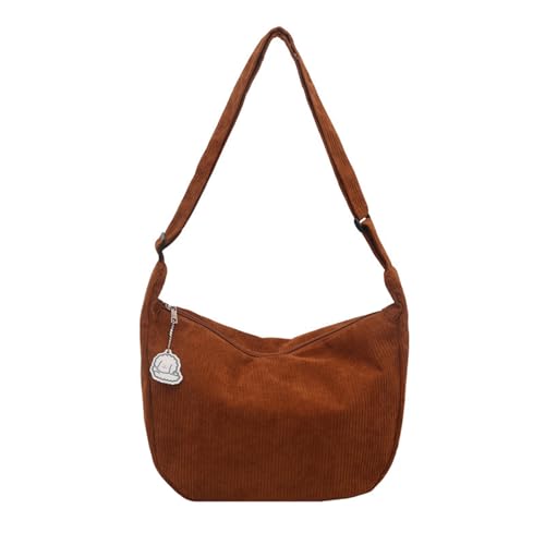 Corduroy Tote Bag with Little Charm Vintage Corduroy Half Moon Shoulder Bag Casual Crescent Tote Underarm Satchel for Women