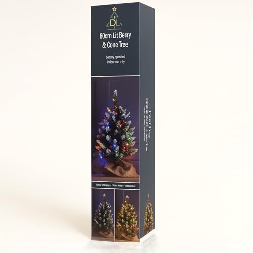60cm Pre-Lit Colour Changing Artificial Green Mini Christmas Tree with LED, Pinecones and Berries - Image 9