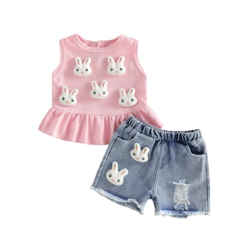 YINGISFITM Toddler Girl Clothes Baby Summer Waffle Knit Tank Top Sleeveless Shirt Jeans Shorts Floral Outfit Girls Clothing (Pink Easter bunny 2-3T)