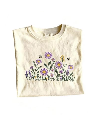 Image of RoseSeek Women's Cute Embroidered Tops Crew Neck Short Sleeve T Shirts Casual Going Out Tops