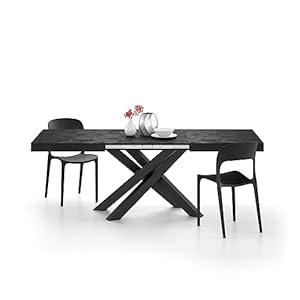 Mobili Fiver, Emma 55.11(86.6) x35.4 in, Extendable Dining Table, Concrete Effect, Black with Black Crossed Legs, for 6-10 People, Expandable Dining Table for Kitchen, Living Room, Italian Furniture