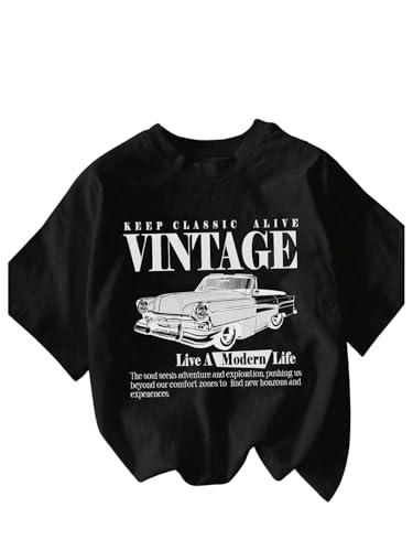 Image of RoseSeek Women's Graphic Letter Tee Crew Neck Drop Shoulder Trendy Summer T Shirt Short Sleeve Vintage Car Print Top