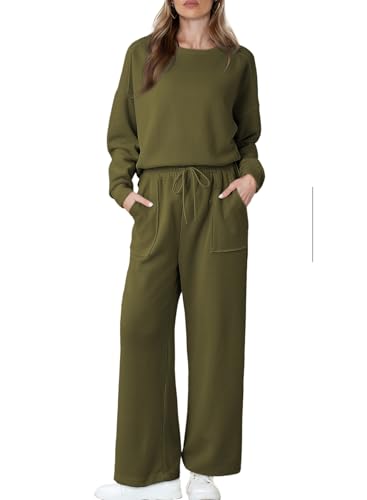 Dokotoo Women's Cotton 2 Piece Outfits Sweatsuit Casual Fall Long Sleeve Knit Tops And Pants Lounge Sets