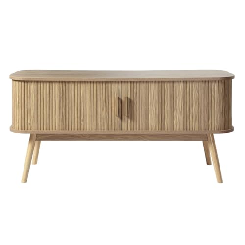 Calicosy - Meuble TV 2 Portes Coulissantes - Décor Bois Chêne - Panneaux De Particules - Pieds Et Poignées en Bois Véritable - Salon Ou Chambre - Style Moderne Et Naturel - L 120 x P 39 x H 55 cm