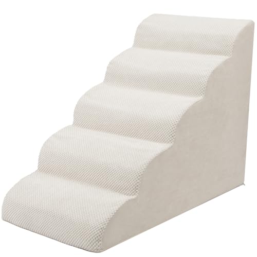 5 steps dog stairs for bed, 24" high-density foam, white