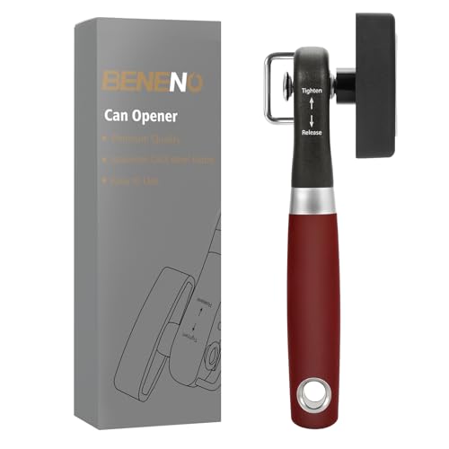 Beneno Can Opener, Manual Side Safe Cut Can Opener Smooth Edge with Durable Sharp Blade, Effort-Saving Knob & Comfortable Non-slip Handle, Red