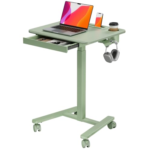 Image of Small Mobile Standing Desk with Drawer, 23.6 inchx19.7 inch Rolling Laptop Cart on Wheels, Height Adjustable Sit Stand Computer Workstation with Storage for Compact Space, Sage Green