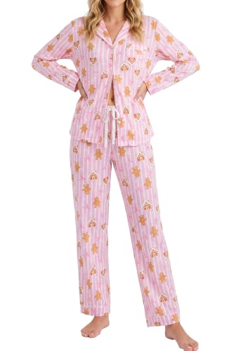 Image of LUBOT Christmas Pajamas for Women 100% Cotton Pajama 2 Piece PJ Set Soft Long Sleeve Button Xmas Print Loungewear XS-XXL