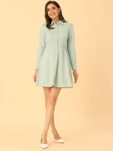 Image of Allegra K Women's Shirt Dress A Line Embroidered Floral Mini Dresses | Casual, Collar, Long Sleeve, Button Down, Half Placket, Invisible Zipper, Knee Length