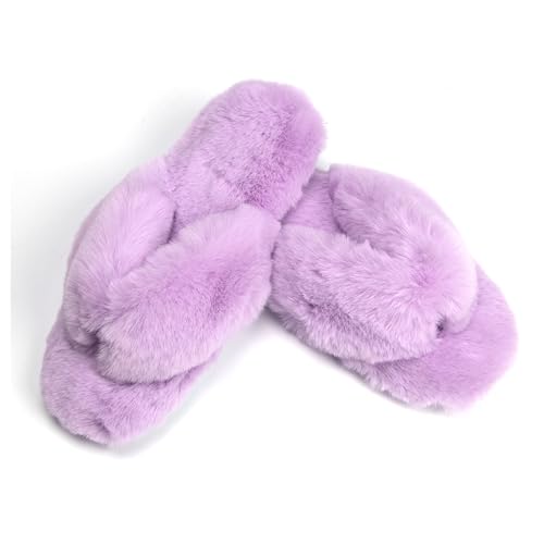 Roxoni Fuzzy House Slippers for Women Comfortable Furry Spa Thongs Cozy Slip On Flip Flops Soft Insole & Rubber Outsole
