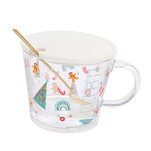 Garneck Taza de Vidrio para Leche con Diseño de Galleta de Jengibre Navideña Vaso Medidor con Tapa y Cuchara Resistente al Calor para Café y Té Casa Decorativo para Desayuno y Oficina