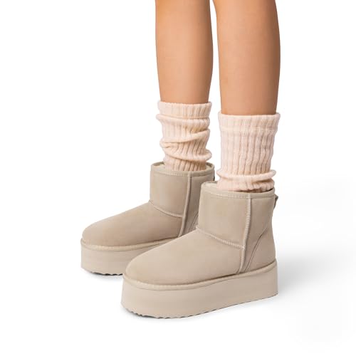 DREAM PAIRS Genuine Suede Classic Platform Boots for Women Water Resistant FuzzyClassic Ankle Winter Snow Low Boots with DIY Bows Faux Fur Lining Memory Foam Anti-Slip,Size 7.5,Sand,SDSB2428W