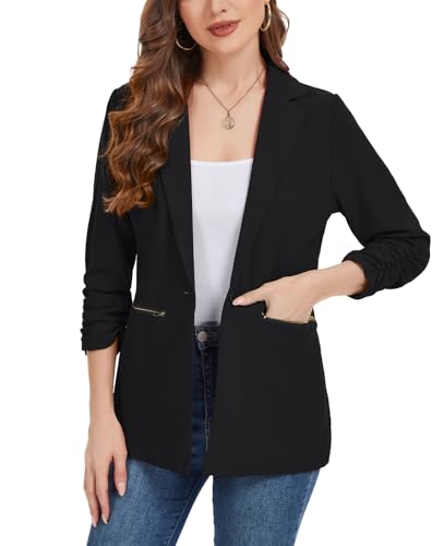 MINTLIMIT Womens Blazer 3/4 Ruched Sleeve Button Front Jackets Casual Work Office Cardigan Suit Jacket with Zipper Pocket2