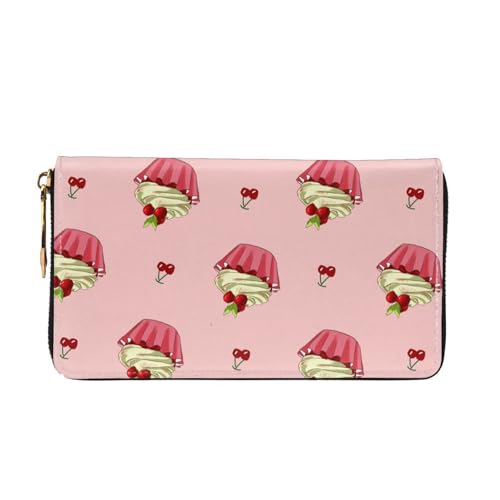 Leather Women Wallets, Long Credit Card Holder, Cherry Cake Print Billfold Clutch & Travel Purse Large Capacity2