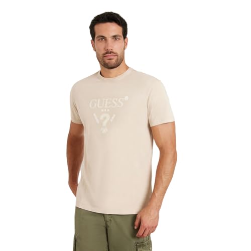 Image of GUESS Beige Pure Cotton Printed Round Neck T-Shirt