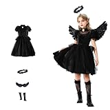 [Diki Home] ハロウィン エンジェル&デビル 子供服 レディースコスチューム 親子コーデ エンジェル衣装 悪魔 吸血鬼 ワンピース 魔女ジャズダンス 舞台衣装 (黒, 子供110)