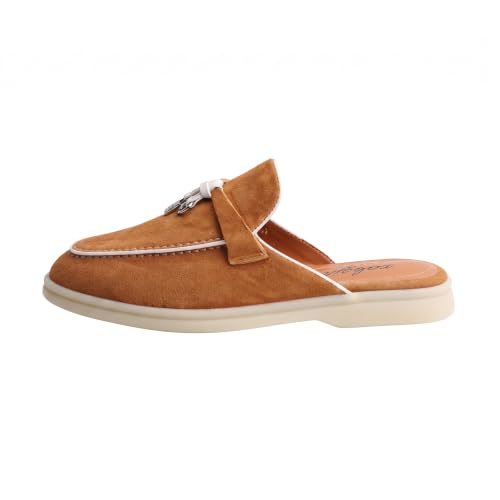 Image of XOBZJH Designer Women's Mules Flat Heel - Suede Leather Flats with Tassel Detail, Comfortable Slip-On Backless Loafers,Casual & Work Shoes