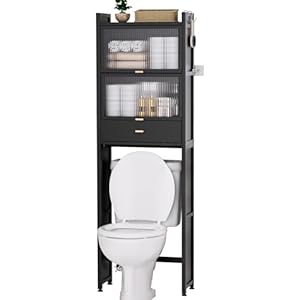 Over The Toilet Storage Cabinet with Drawer and Flip Door, Bamboo Bathroom Organizer Shelf with Anti-Tip Design and Waterproof Feet Pad,Freestanding Rack Above WC Space Saver (Black)