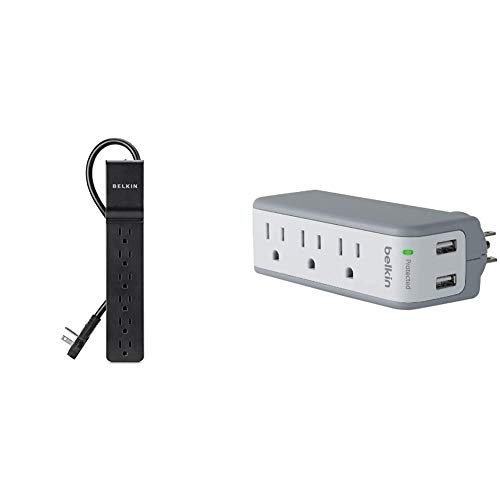 Belkin 6-Outlet Power Strip Surge Protector w/Flat Rotating Plug, 6ft Cord (600 Joules) & 3-Outlet USB Surge Protector w/Rotating Plug (918 Joules)
