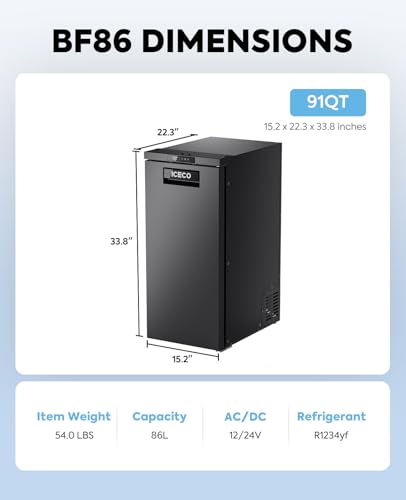 Image of ICECO BF86 12V RV Refrigerator, 91 Quart(3cu.ft) Car Refrigerator, RV Fridge Freezer with APP Control, 12 /24V DC Compressor Refrigerator, Electric Cooler for Truck, Camping, Travel