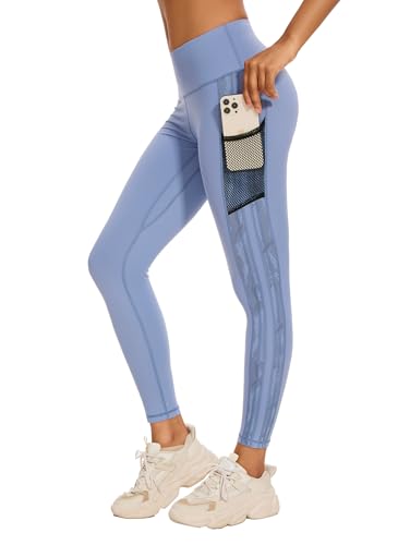 Rexspek Leggings sportivi da donna con tasca, pantaloni sportivi a vita alta, pantaloni lunghi da fitness, Azzurro, M