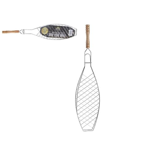 Premium Chrome Plated BBQ Fish Grill Basket with Wooden Handle - 55cm x 13cm (1 Pc.) - Effortless Grilling Experience - Perfect for Fish & Seafood Lovers