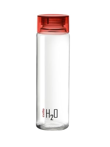 CELLO H2O Glass Fridge Water Bottle with Plastic Cap 920ml, Red | Leakproof & Durable | Wide Mouth, Easy to Clean | Easy Grip Glass Water Bottle for Kitchen, Home, Office, Gym, Travel
