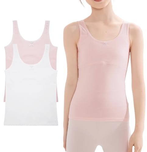 SEAUR Girls Cotton Cami Undershirts Stretch Tank Top Breathable Sleeveless Camisoles Soft Tanks for Kids 9-10 Years 2 Pack White Pink
