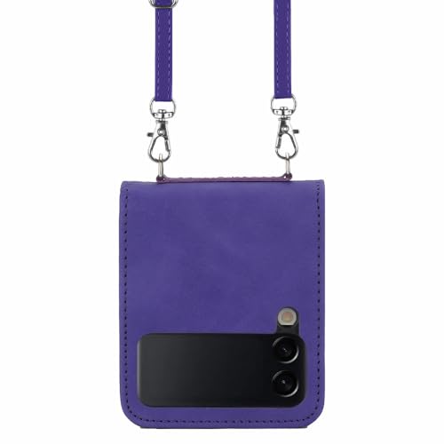 Étui de téléphone en cuir violet pour Samsung Galaxy Z Flip 4 avec bandoulière