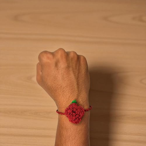 Image of Handmade Crochet Rose Rakhi for Raksha Bandhan, Red | Floral Design, Adjustable Cord, Skin-Friendly, Raksha Bandhan Special, Handcrafted