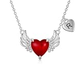 SLIACETE Collar de corazón con alas de ángel personalizado con letra inicial A-Z de plata de ley 925, collar de cornalina, guardián del amor, colgante de ángel, joyería de Navidad para mujeres y