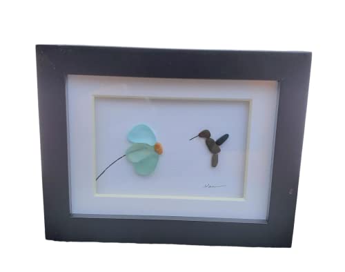 Authentic Seaglass Hummingbird art. 3.5x4 Mini Black frame pebble and sea glass art. Handmade in the USA