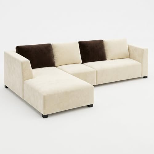 Image of FURNY Olympus 6 Seater LHS L Shape Sofa Set | Plush Velvet Suede Fabric | Modern Design | Soft Comfort Dual Color Cushions for Living Room, Office & Hotels (Cream-Dark Brown)