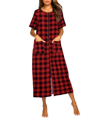 Image of Ekouaer Women Robe Zipper Short Sleeves Full Length House Coat with Pockets