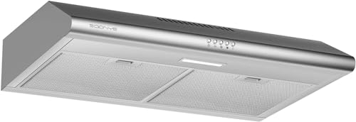 SOONYE 30 inch Stainless Steel Under Cabinet Range Hood, Slim Kitchen Vent Hood Ducted/Ductless Convertible with 3 Speed Controls, 5-Layer Aluminum Filters,LED Lights