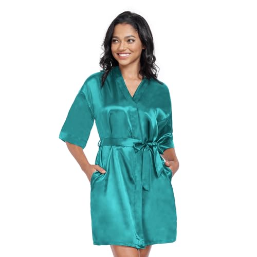 Image of Women's Short Satin Robes Lightweight Silky V-Neck Sleepwear Wedding Bridal Party Bride Bridesmaid Bathrobes
