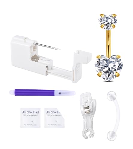 QWALIT Titanium Belly Button Piercing Kit Gold Belly Button Piercing Kits Self Belly Piercings Gun with Surgical Steel Implant Grade Titanium Belly Rings at Home Hypoallergenic Navel Ring Heart