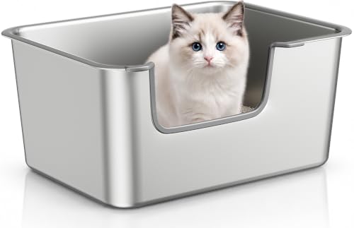 High-Sided Stainless Steel Cat Litter Box, Low Entry, Odor-Free, Non-Stick | 7.9" High Wall, Open-Top with Side Entry, Leak-Proof, Helps Reduce Litter Scatter, Easy to Clean for Kittens & Small Cats