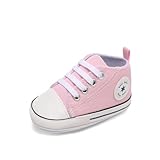 xioqen Baby Boys Girls Canvas High Top Sneakers, Non-Slip Denim First Walkers, Infant Newborn Soft Fashion Shoes (01/Light Pink Rubble Sole,6-12 Months)