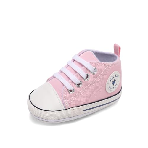 Image of Unisex Baby Boys Girls Shoes, Newborn Infant Non-Slip Canvas Denim High Top Sneakers, Toddler First Walkers Shoes