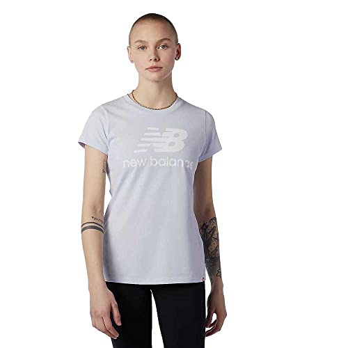 Image of New Balance Women's Standard Essentials Stacked Logo Short Sleeve Shirt, Silent Grey, Small