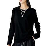 [CANTTY] Tシャツ レディース 長袖 トップス【綿 8.3オンス・さらっと軽い着心地】無地 保温 通気性 ロング ロングスリーブ クルーネック カットソー インナーシャツ 型崩れしない 重ね着 着痩せ ゆったり オシャレ カジュアル きれいめ 男女兼用 (ブラック, S)