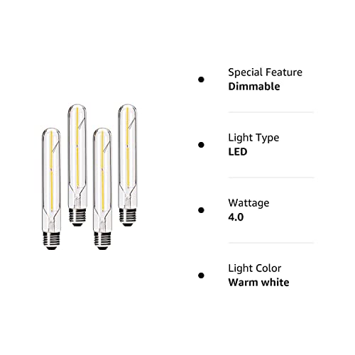 Dimmable T10 Led Bulbs 3000K Warm White Led Tubular Edison Light Bulbs 4W Tube Vintage Led Bulbs 40 Watt Equivalent,E26 Medium Base 400Lm,Clear Glass Cover, 7.3In(185Mm), 4-Pack #TOP7
