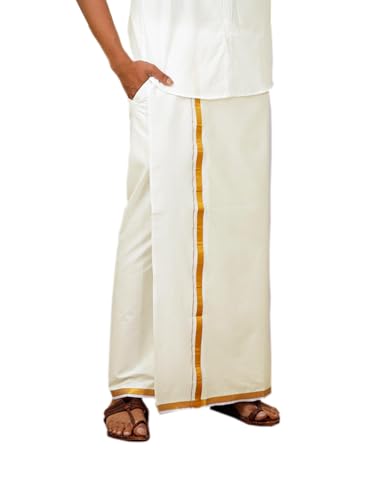 Image of Ramraj Cotton Men Cotton Blend Readymade White & Cream Dhoti With Gold Jari Border Genxt| Single Layer