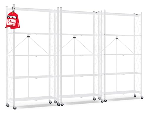 Image of ALANNG 70.7 inch H Metal Storage Shelves, 5 Tier Folding Shelf on Wheels | Heavy Duty, No Assembly, Rolling, Collapsible Rack Unit for Kitchen, Basement, Pantry (White,3 Pack)