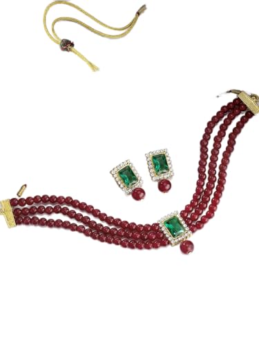 Juego de joyas DMZ-2402 con perlas granate de alta gama y latón chapado en oro