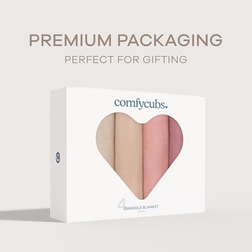 Image of Comfy Cubs Muslin Swaddle Blankets Pack of 4, 47 x 47 Inches, Soft Cotton Baby Blanket Set, Large Multipurpose Swaddling Wraps for Newborns - Self-Soothing Swaddle - Cream, Blush, Bold Blush, Mauve