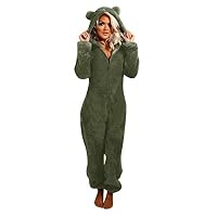 Damen Fleece Overall Kuschelig Jumpsuit Plüsch Schlafanzug Langarm Einteiler Onesie Mit Kapuze Und Reißverschluss Pyjama Winter Schlafoverall Teddy Anzug Lange Einfarbig One-Piece