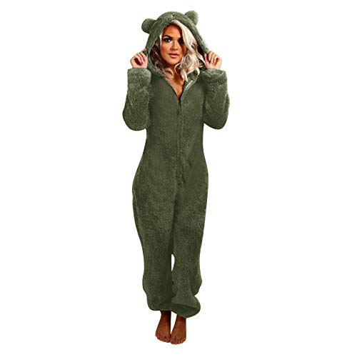 Generisch Traje de casa para mujer, de forro polar, de una pieza, con capucha, pijama cálido de invierno, monocolor, cómodo, mono de felpa suave, mono de peluche, pijama holgado, ropa de dormir, Verde